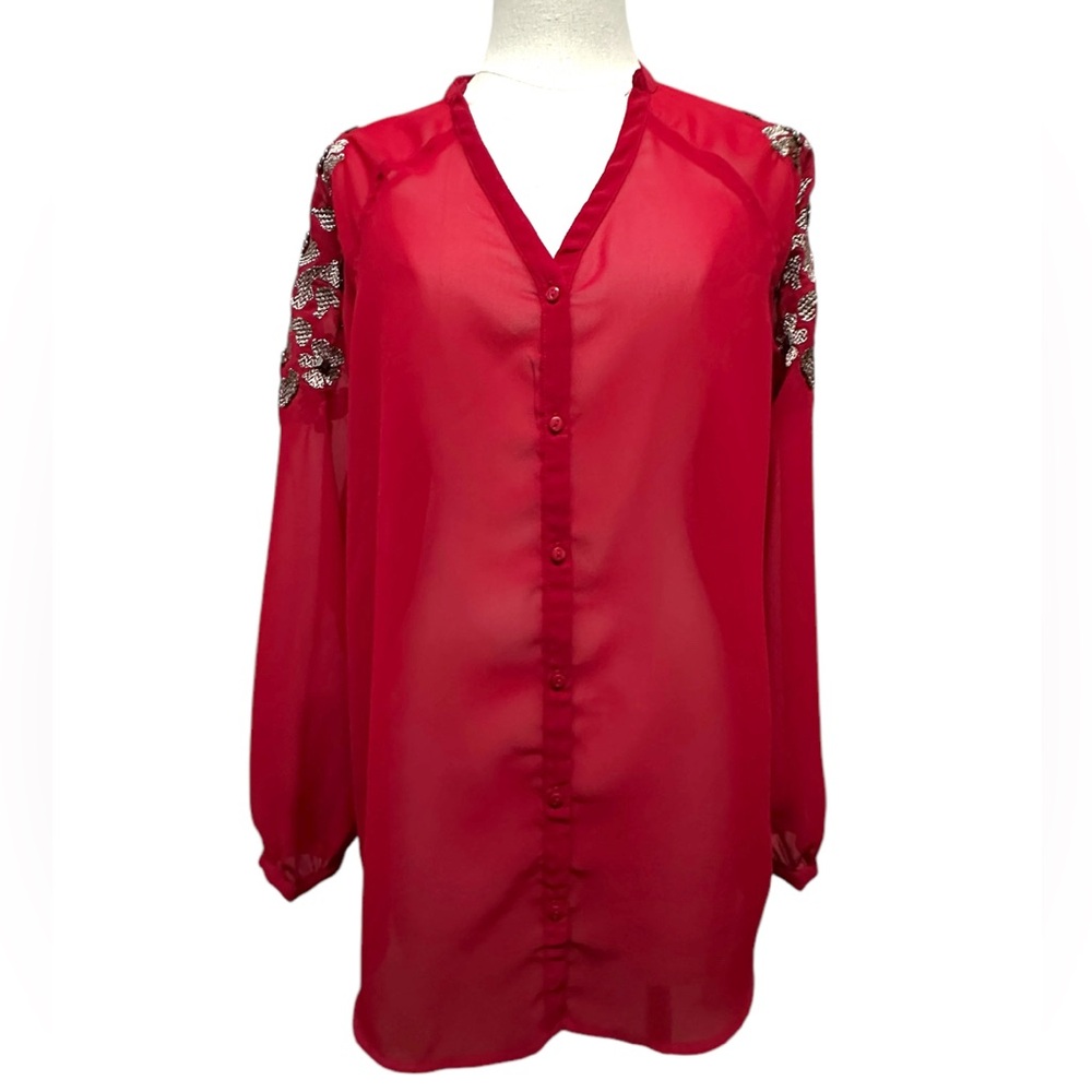 AUTHENTIC ICON Blouse RED Chiffon Gold Embellished Long SleeveTop Shirt M (4029)
